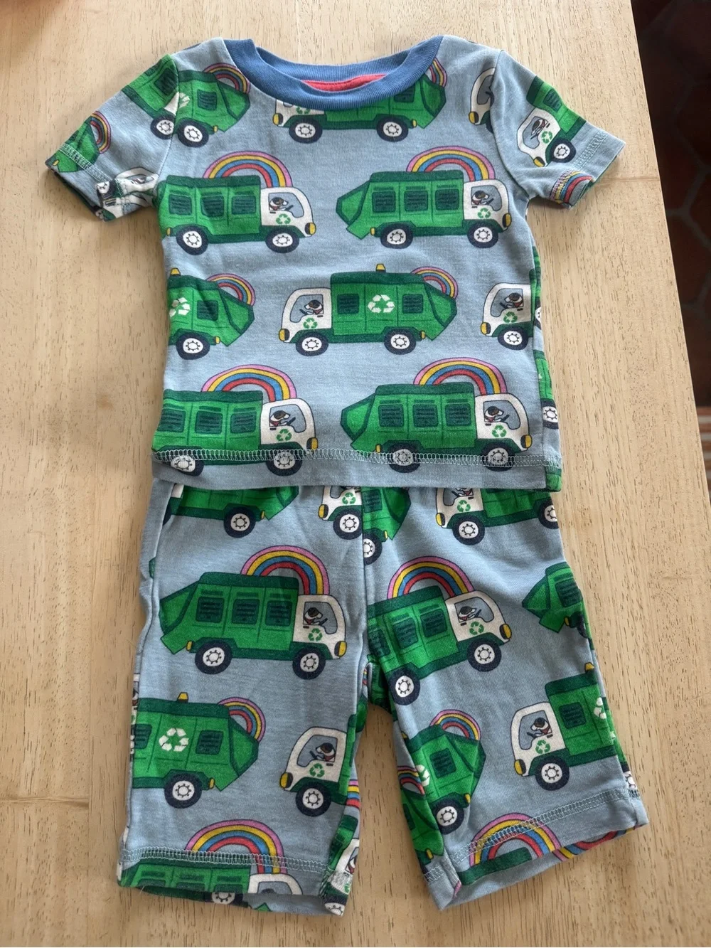 Mini Boden Baby/Toddler Short Pajama Set with Green Recycling Truck Print
